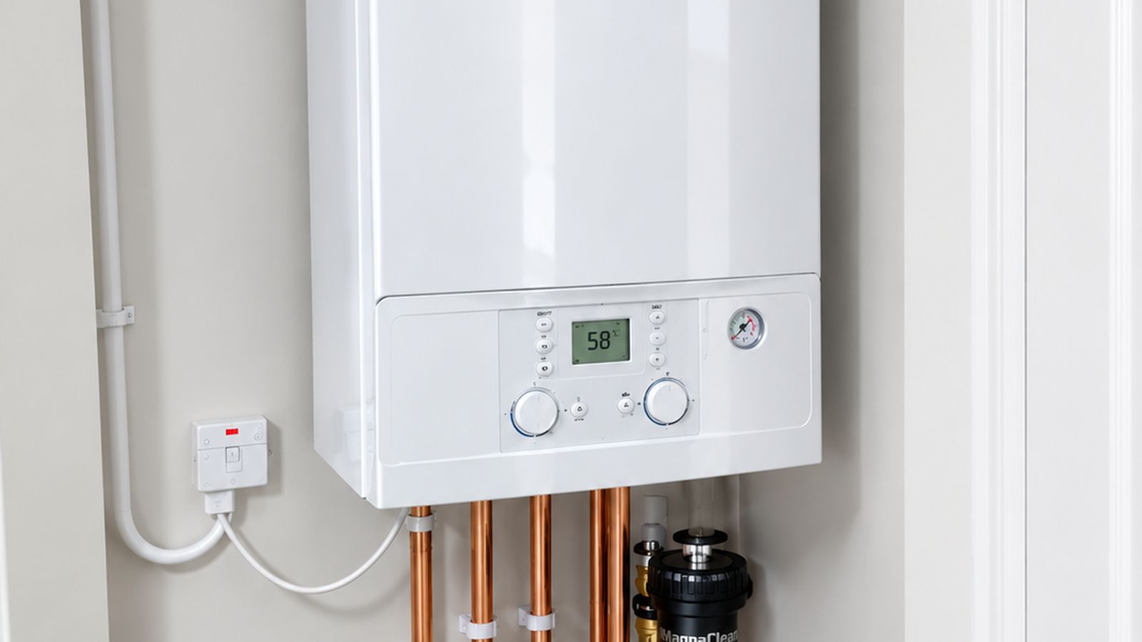 Newly installed combi boiler with copper pipework