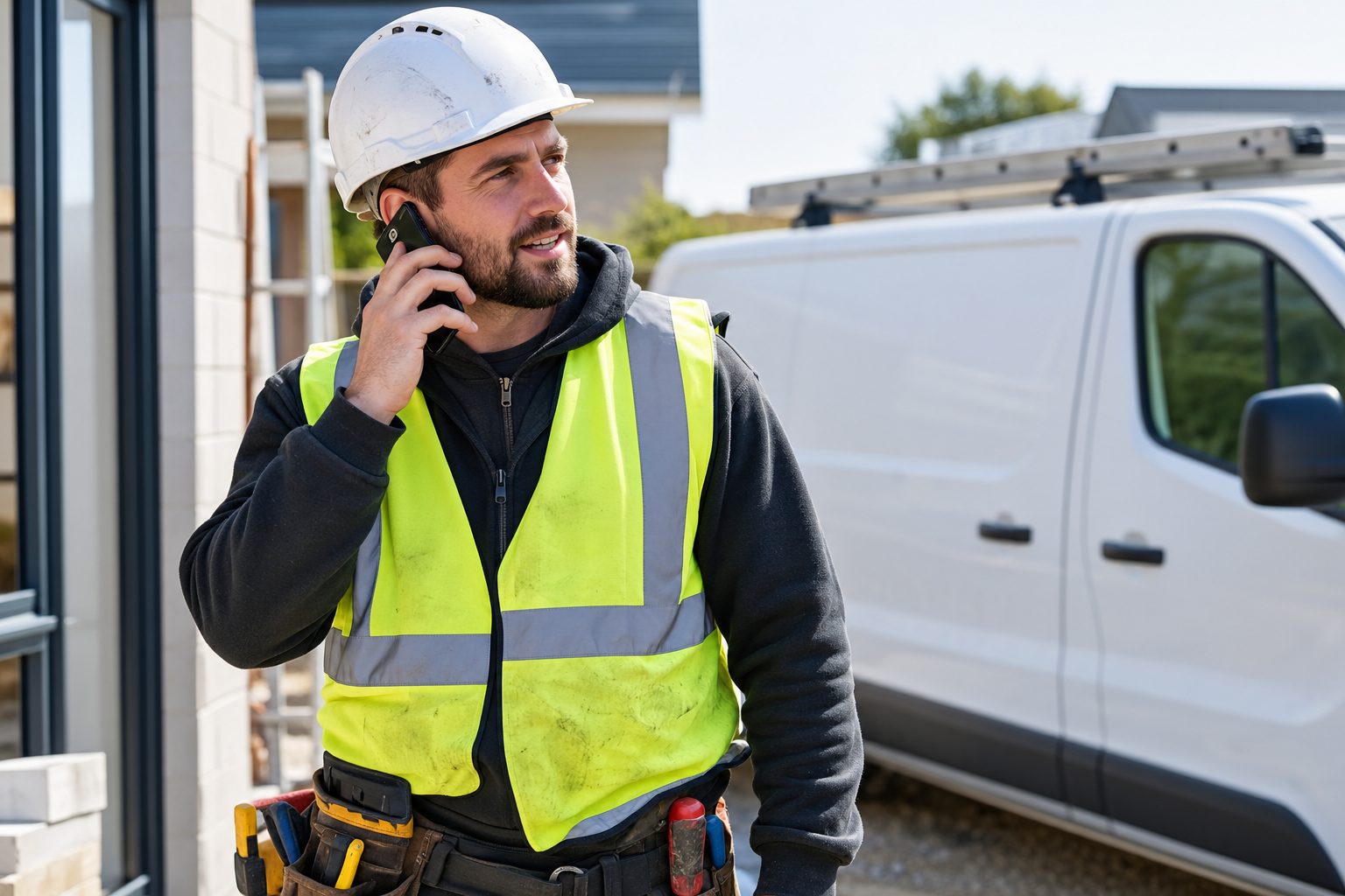 Tradesman in hi-vis taking a call on site, with his van parked behind him
